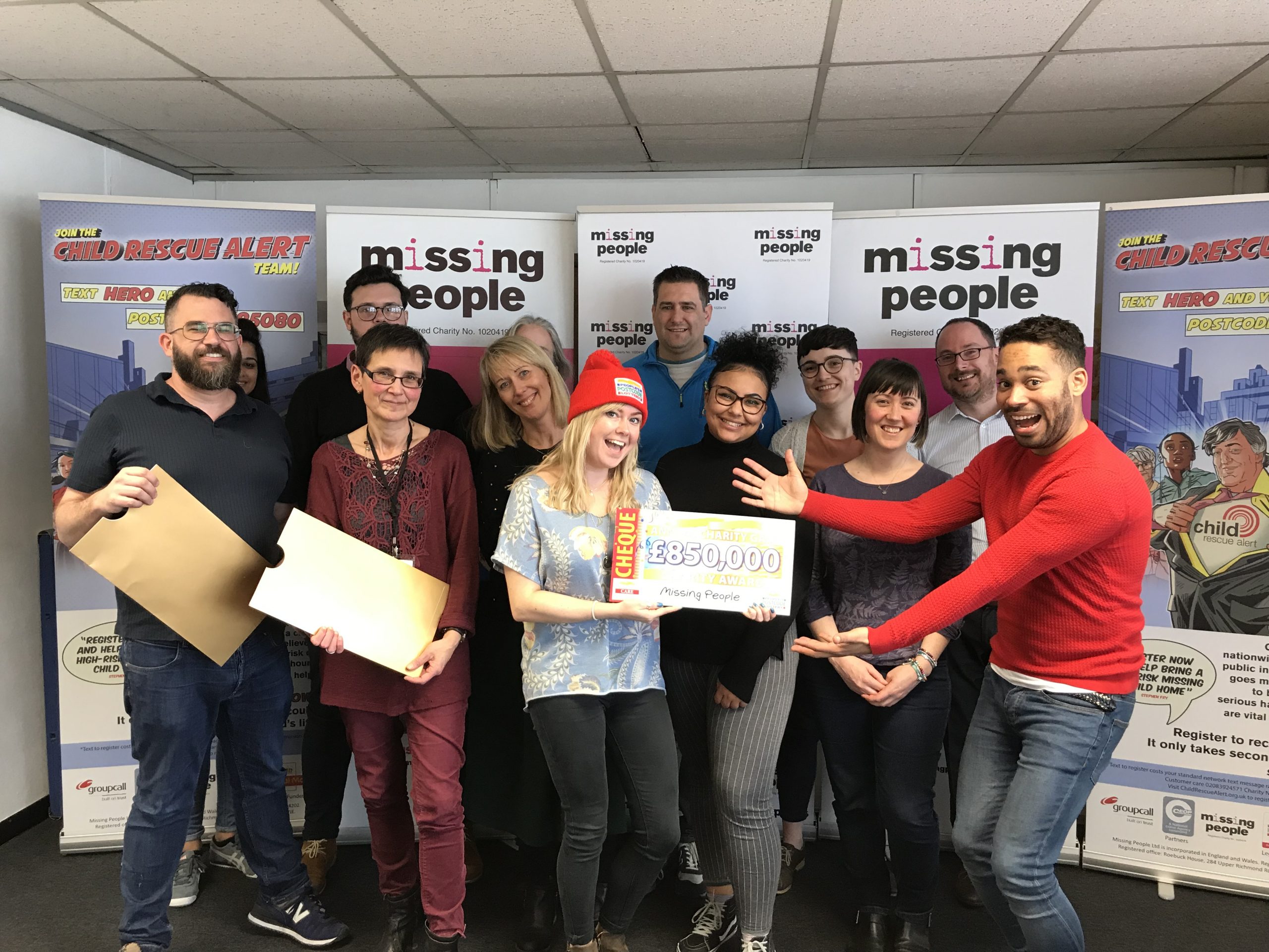 Missing People celebrating receiving new funding from People's Postcode Lottery at their office in Richmond, London